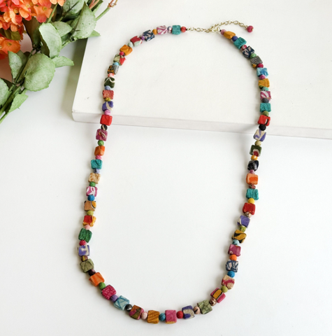 Kantha Dotted Square Long Necklace