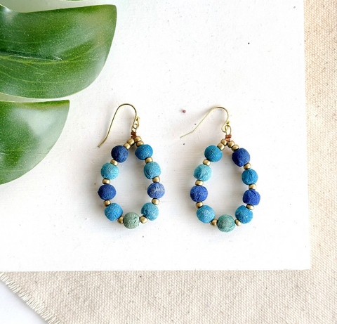 Kantha Azure Beaded Teardrop Earrings