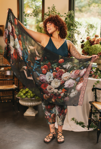 Flight of Fancy Floral Scarf with Hummingbirds Print