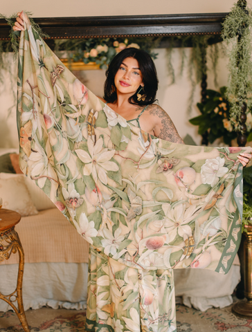 Fleur De Soleil Scarf with Magnolia Floral Print and Butterfly