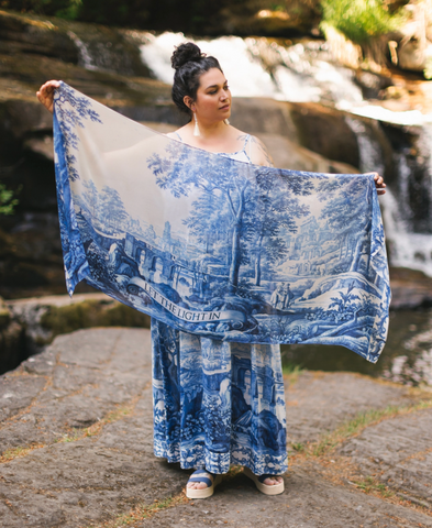 Let the Light in Bohemian Scarf with Blue Delft Toile Print