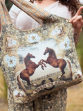 Born to Run Boho Linen Tote Bag with Wild Horses and Floral Print