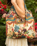 Stay Gold Boho Linen Tote Bag with Rabbits, Flowers, and Bees