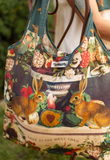 Stay Gold Boho Linen Tote Bag with Rabbits, Flowers, and Bees