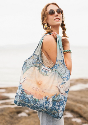 Peace Out Turquoise Linen Tote Bag with Doves and Sunrise