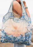Peace Out Turquoise Linen Tote Bag with Doves and Sunrise