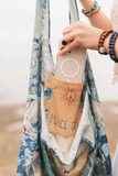 Peace Out Turquoise Linen Tote Bag with Doves and Sunrise