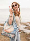 Peace Out Turquoise Linen Tote Bag with Doves and Sunrise