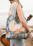 Peace Out Turquoise Linen Tote Bag with Doves and Sunrise