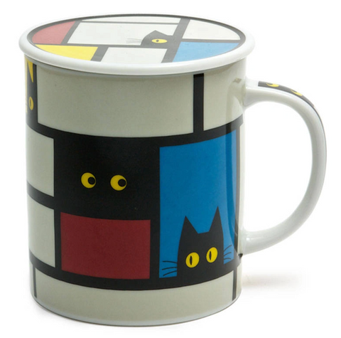 Cubist Cat Mug with Lid - Gray