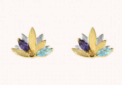 FLW Waterlilies Gold Studs - Blue