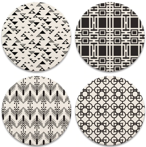 Black and White Patterns Round Coasters, Set of 4